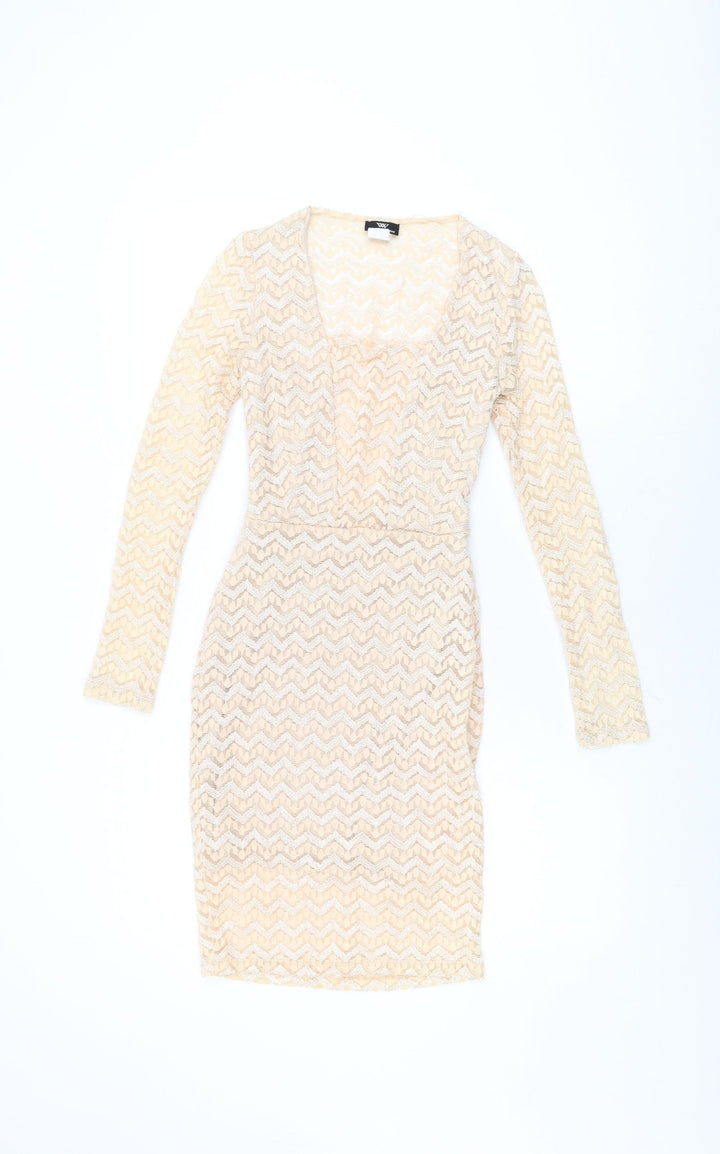 Va Va Voom Womens Beige Geometric Cotton Bodycon Size S Square Neck Pullover