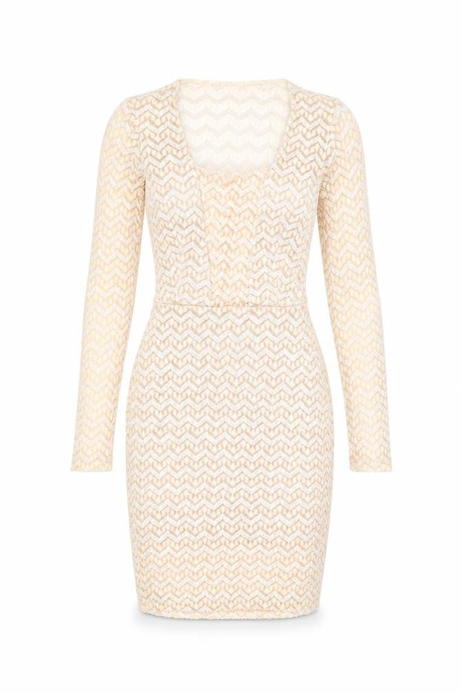 Front view of Va Va Voom women’s beige geometric cotton bodycon, size S, square neck pullover