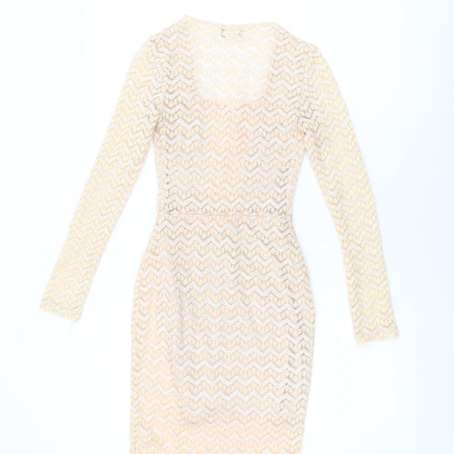 Va Va Voom Womens Beige Geometric Cotton Bodycon Size S Square Neck Pullover