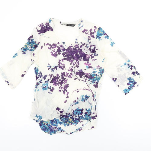 Zara Womens White Floral Cotton Basic T-Shirt Size XS V-Neck