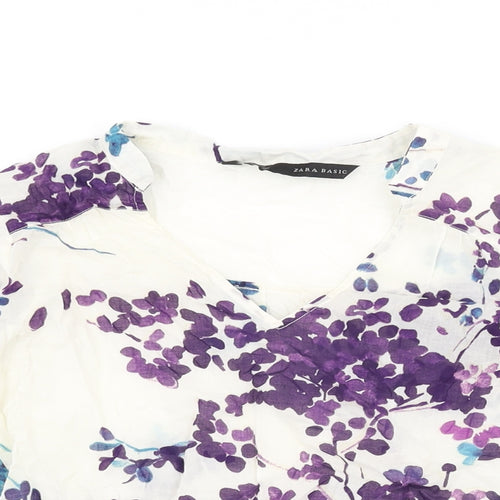 Zara Womens White Floral Cotton Basic T-Shirt Size XS V-Neck