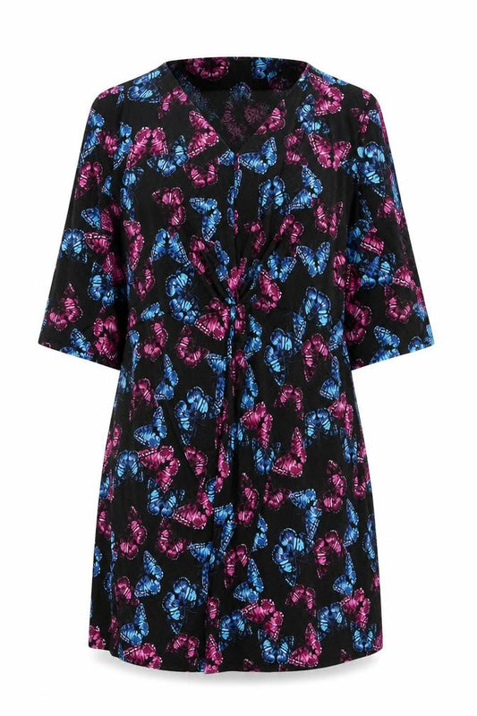 Front view of Capsule women’s black geometric polyester shift, size UK 30, v-neck pullover