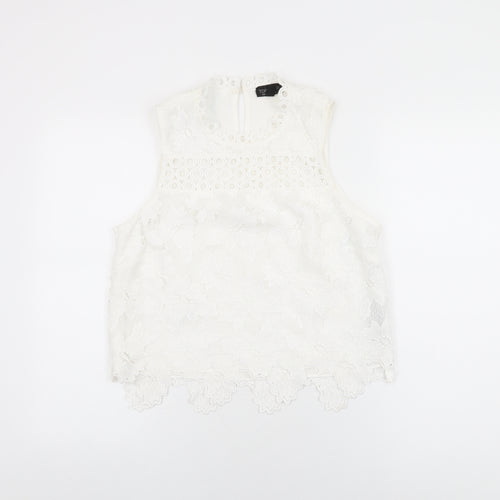 Topshop Womens White Floral Polyester Basic T-Shirt Size 14 Round Neck
