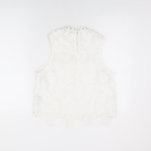 Topshop Womens White Floral Polyester Basic T-Shirt Size 14 Round Neck