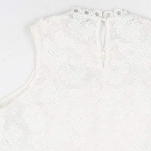 Topshop Womens White Floral Polyester Basic T-Shirt Size 14 Round Neck