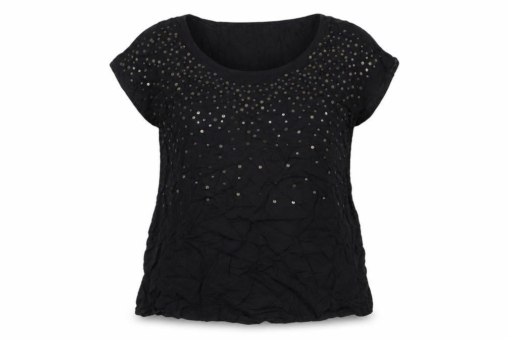 Front view of Sandwich women’s black viscose basic t-shirt, size UK 16, round neck