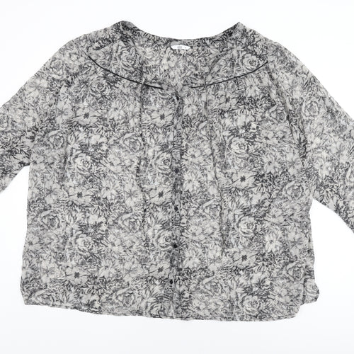 Ellos Womens Grey Floral Polyester Basic Button-Up Size 32 Round Neck