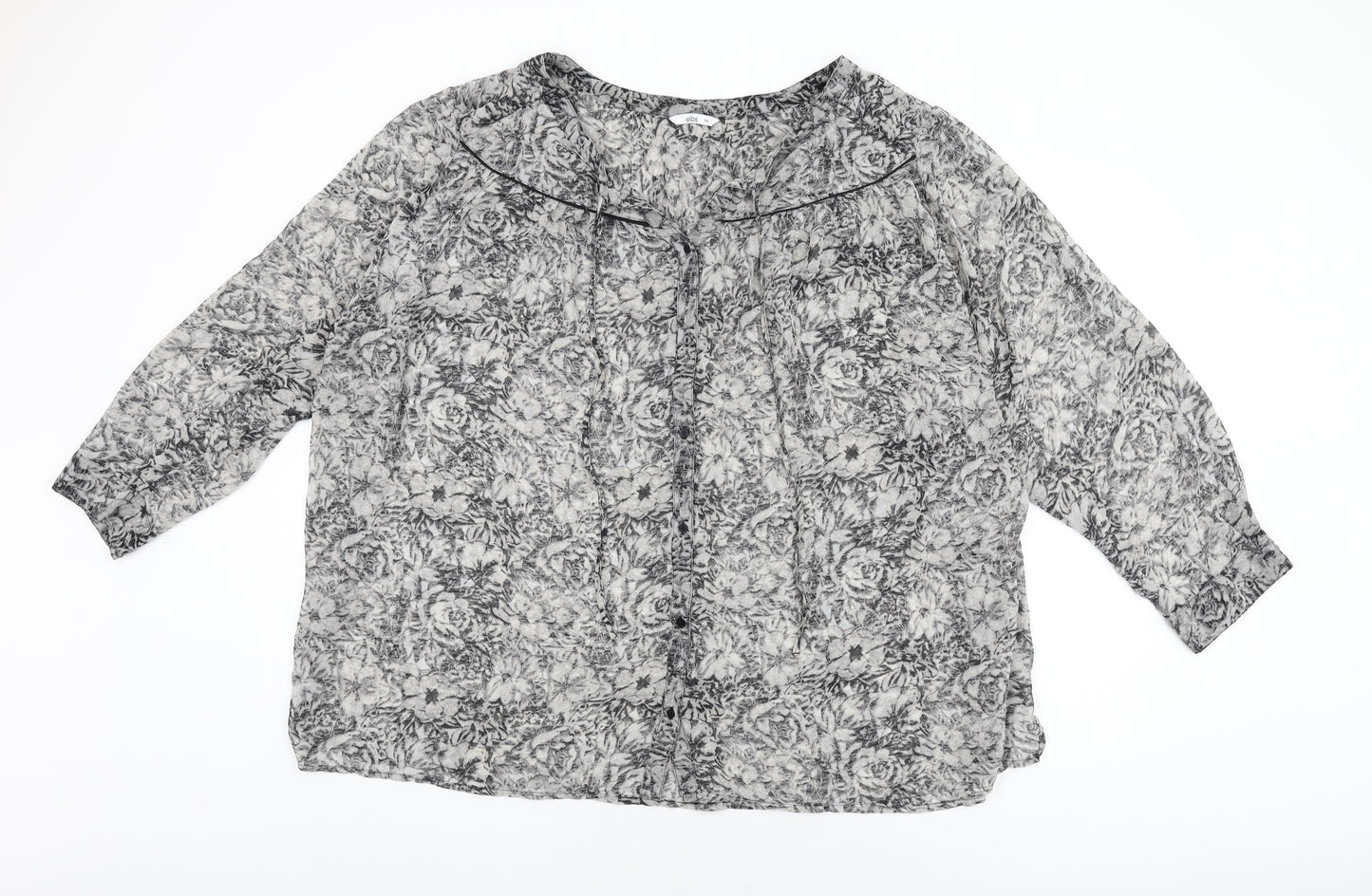 Ellos Womens Grey Floral Polyester Basic Button-Up Size 32 Round Neck