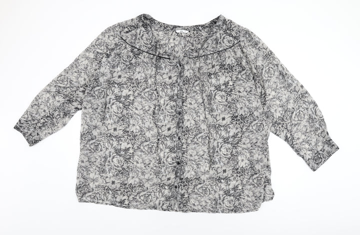 Ellos Womens Grey Floral Polyester Basic Button-Up Size 32 Round Neck
