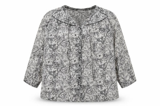 Front view of Ellos women’s grey floral polyester basic button-up, size UK 32, round neck