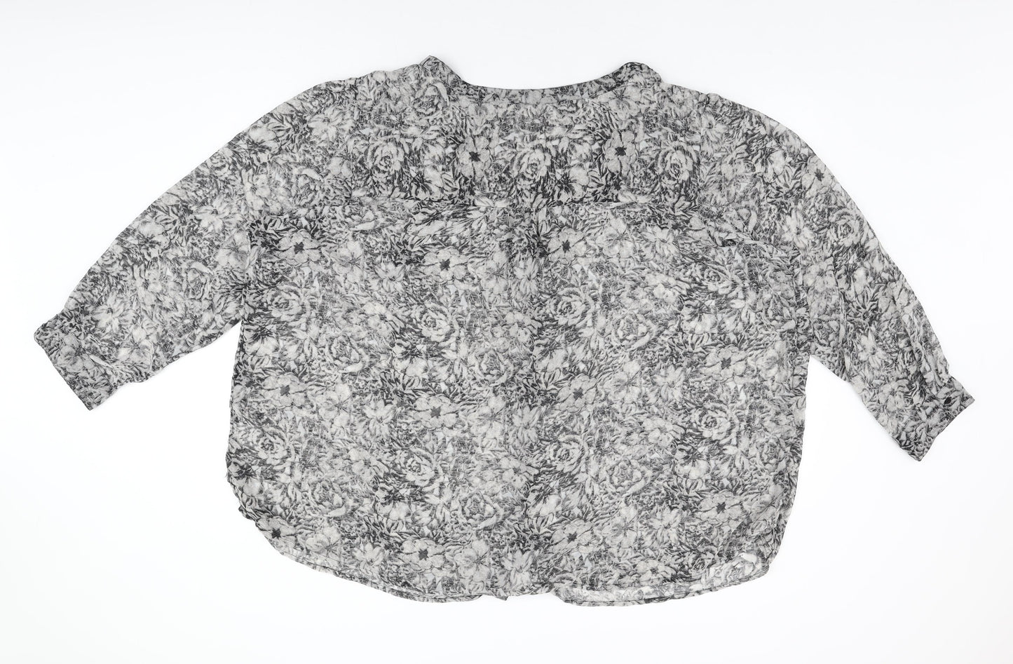 Ellos Womens Grey Floral Polyester Basic Button-Up Size 32 Round Neck