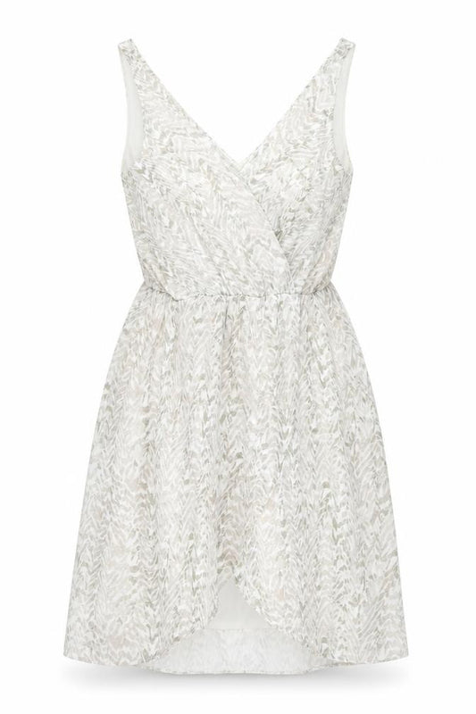 Front view of H&M women’s white geometric polyester skater dress, size UK 8, v-neck pullover
