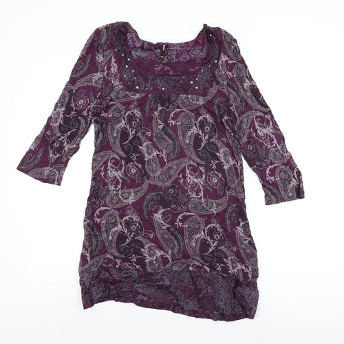 NEXT Womens Purple Geometric Viscose Shift Size 14 Square Neck Pullover