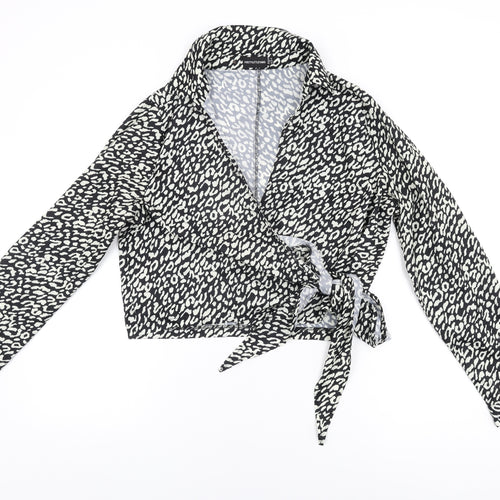 PRETTYLITTLETHING Womens Black Animal Print Polyester Wrap Blouse Size 14 Collared