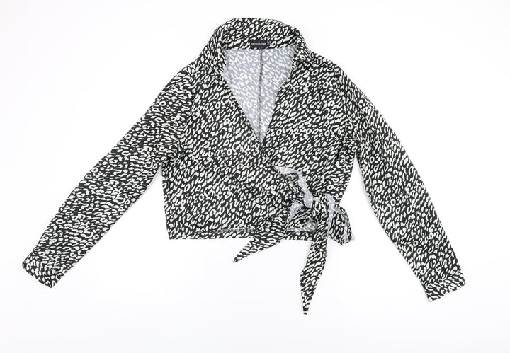 PRETTYLITTLETHING Womens Black Animal Print Polyester Wrap Blouse Size 14 Collared