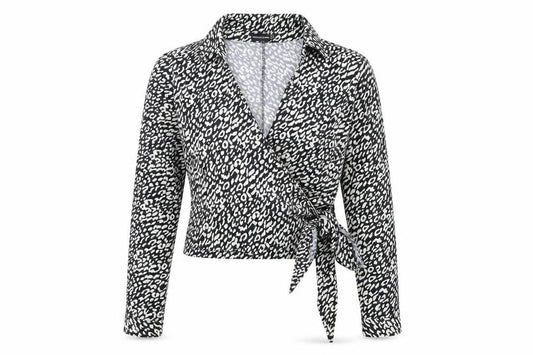 Front view of PRETTYLITTLETHING women’s black animal print polyester wrap blouse, size UK 14, collared