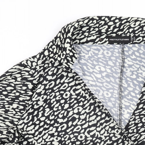 PRETTYLITTLETHING Womens Black Animal Print Polyester Wrap Blouse Size 14 Collared