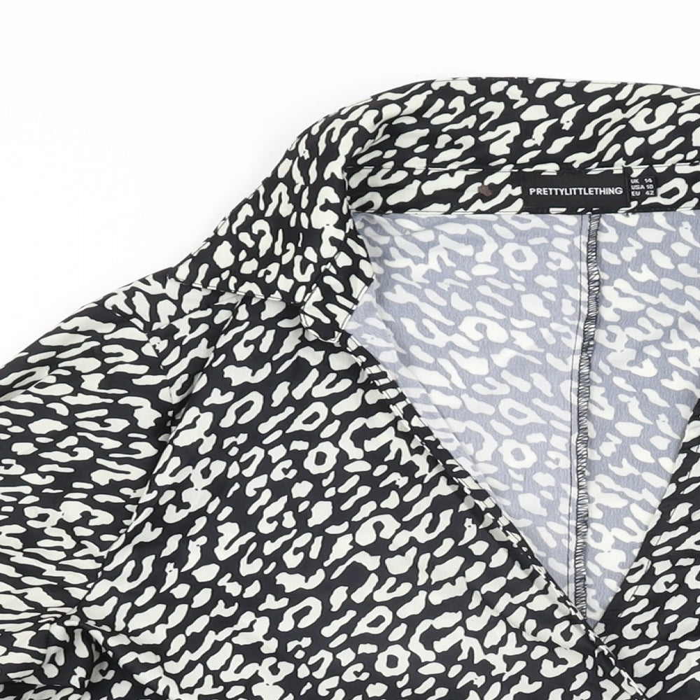 PRETTYLITTLETHING Womens Black Animal Print Polyester Wrap Blouse Size 14 Collared