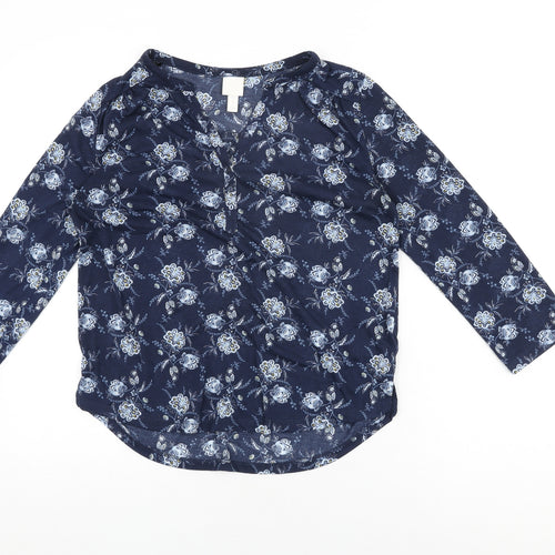 H&M Womens Blue Floral Polyester Basic T-Shirt Size S V-Neck