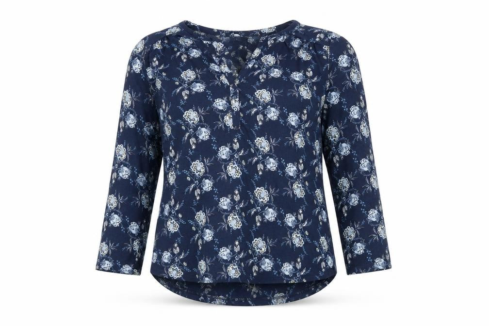 Front view of H&M women’s blue floral polyester basic t-shirt, size S, v-neck
