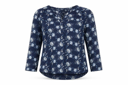 Front view of H&M women’s blue floral polyester basic t-shirt, size S, v-neck