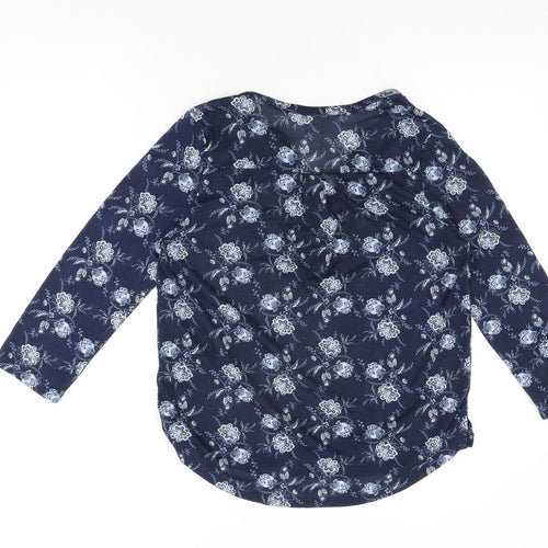 H&M Womens Blue Floral Polyester Basic T-Shirt Size S V-Neck