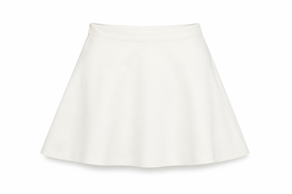 Front view of Cider women’s white polyester skater skirt, size XS, zip