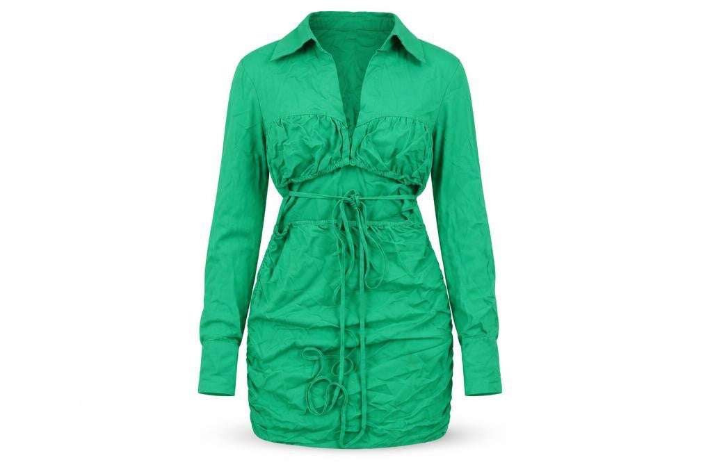 Front view of PRETTYLITTLETHING women’s green cotton bodycon, size UK 10, collared zip