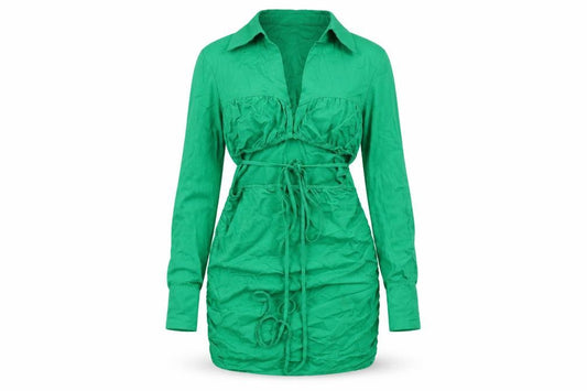Front view of PRETTYLITTLETHING women’s green cotton bodycon, size UK 10, collared zip
