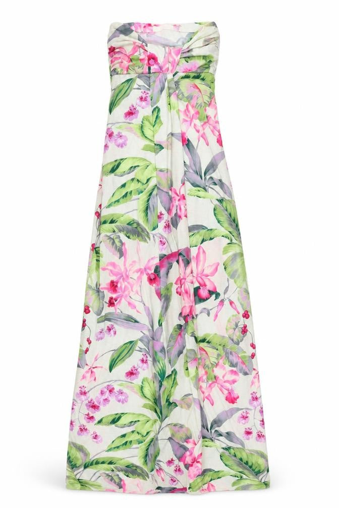 Front view of Miso women’s ivory floral polyester maxi, size UK 8, off the shoulder pullover