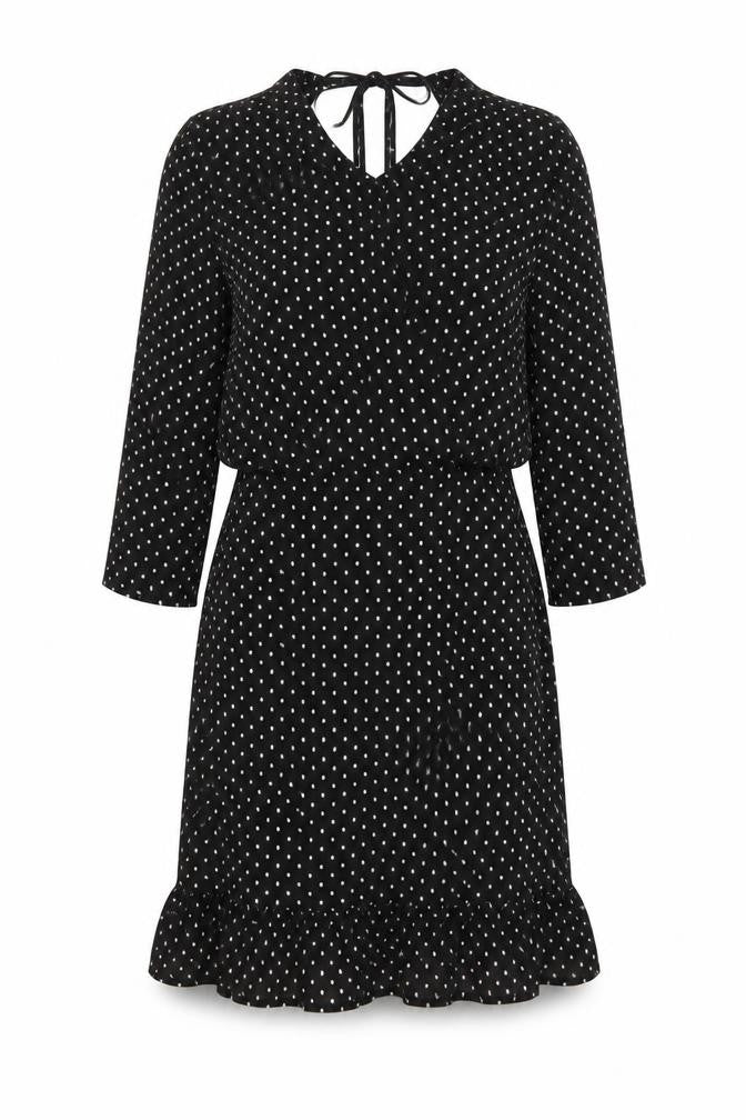 Front view of Unique 21 women’s black polka dot polyester shift, size UK 8, round neck zip