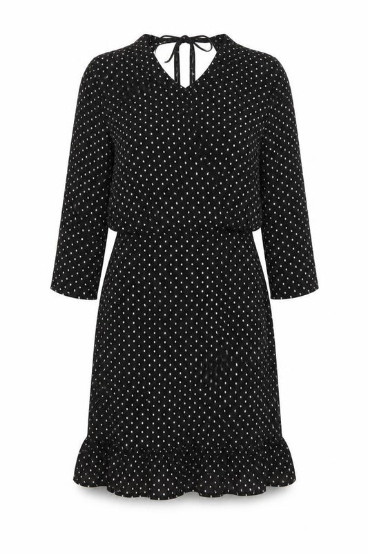 Front view of Unique 21 women’s black polka dot polyester shift, size UK 8, round neck zip