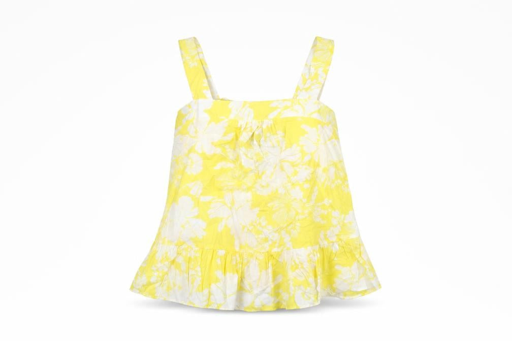 Front view of Marks & Spencer women’s yellow floral cotton basic t-shirt, size UK 8, square neck