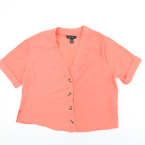 New Look Womens Pink Polyester Basic Button-Up Size 8 V-Neck