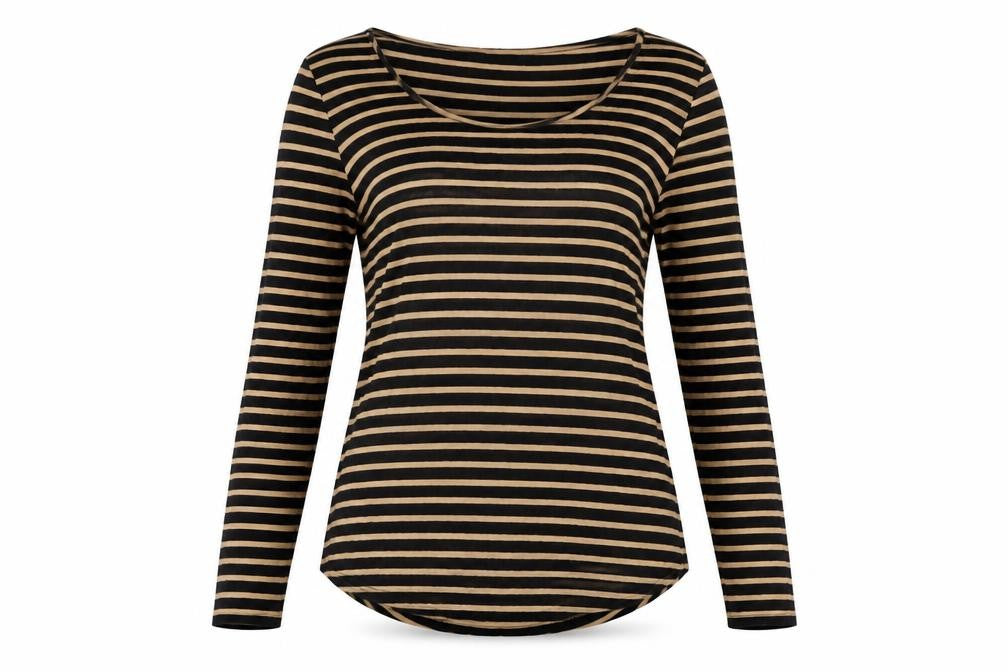 Front view of Marks & Spencer women’s black striped acrylic basic t-shirt, size UK 8, round neck