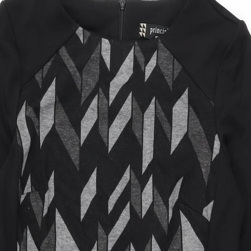 Principles Womens Black Geometric Viscose Shift Size 10 Round Neck Zip