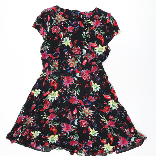 Izabel London Womens Black Floral Viscose Skater Dress Size 14 Round Neck Zip