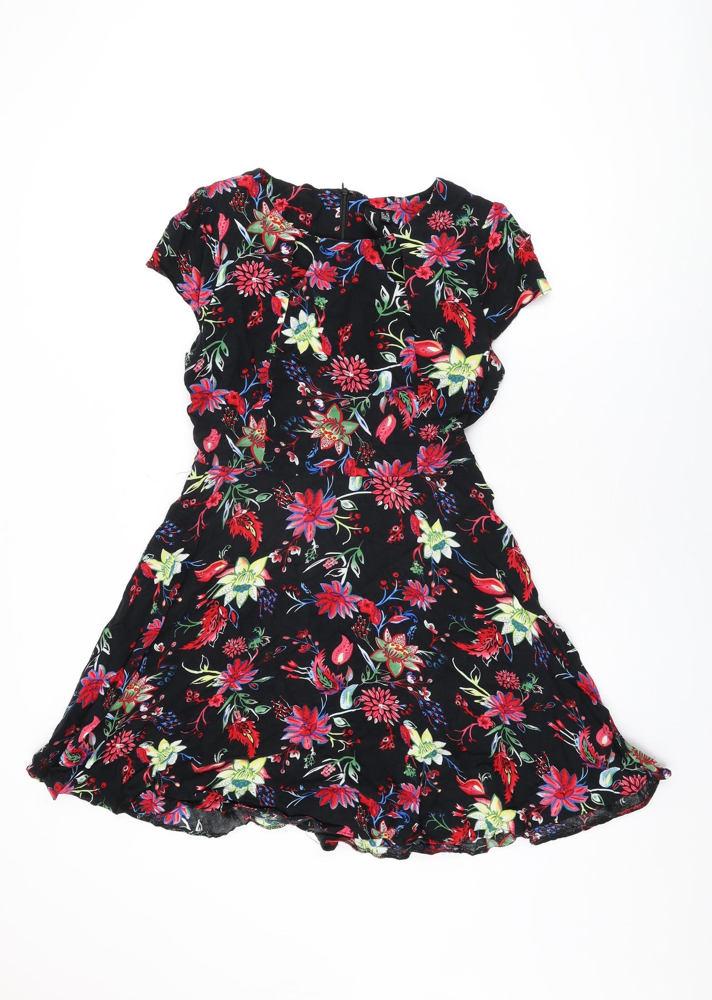 Izabel London Womens Black Floral Viscose Skater Dress Size 14 Round Neck Zip