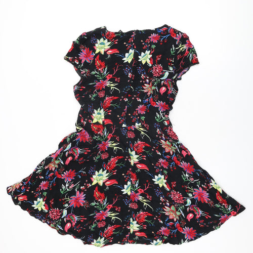 Izabel London Womens Black Floral Viscose Skater Dress Size 14 Round Neck Zip