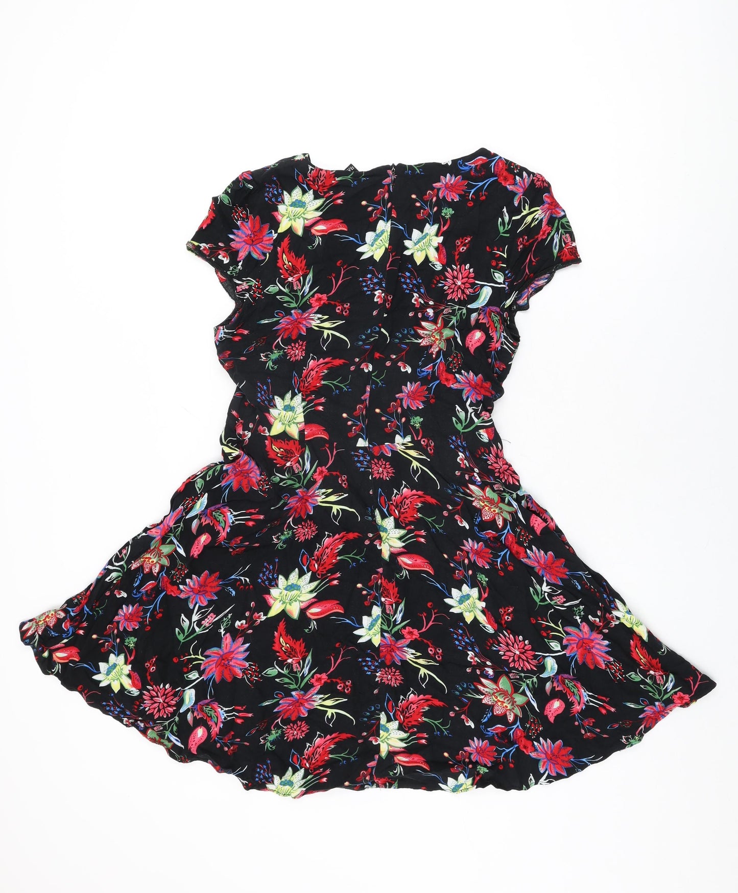 Izabel London Womens Black Floral Viscose Skater Dress Size 14 Round Neck Zip