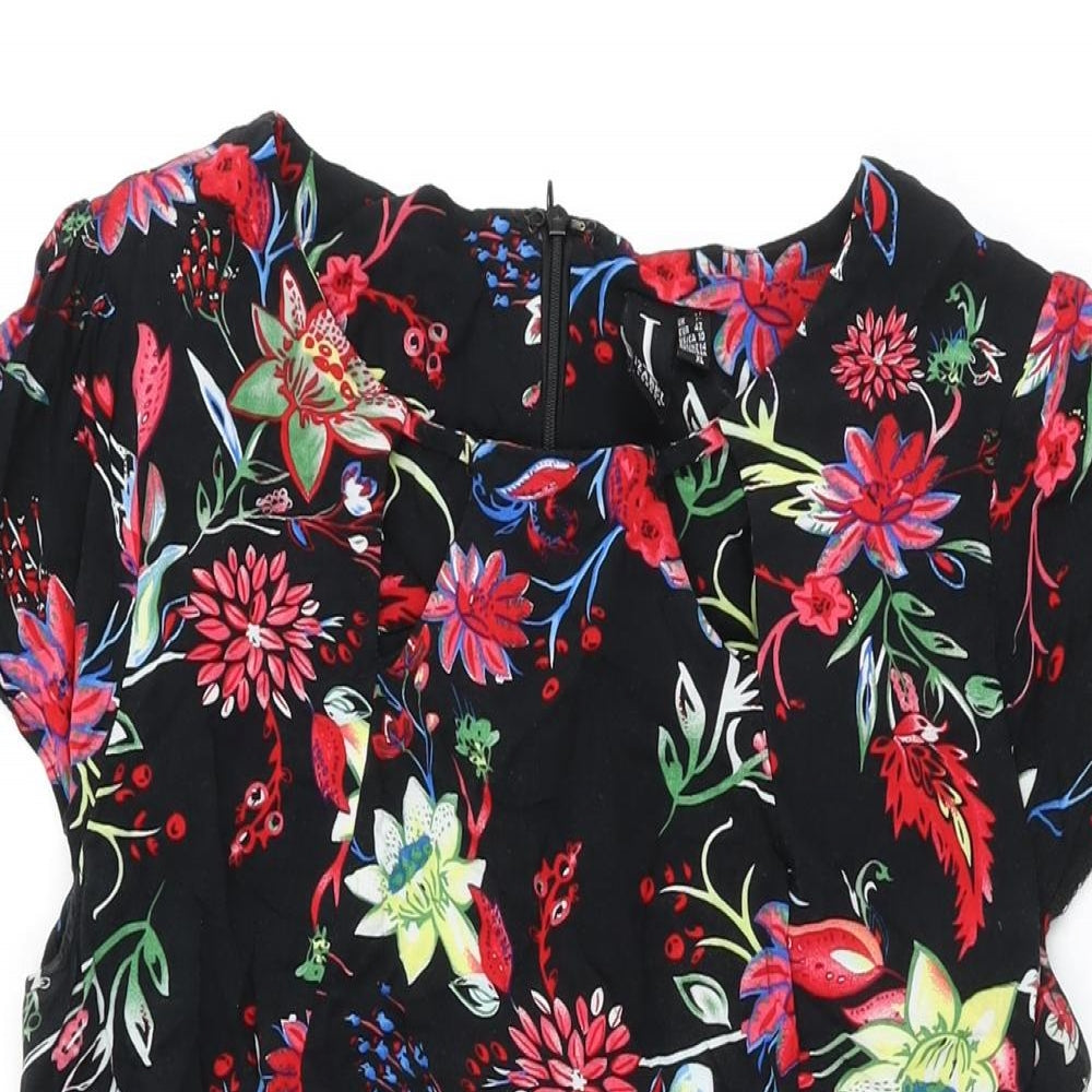 Izabel London Womens Black Floral Viscose Skater Dress Size 14 Round Neck Zip