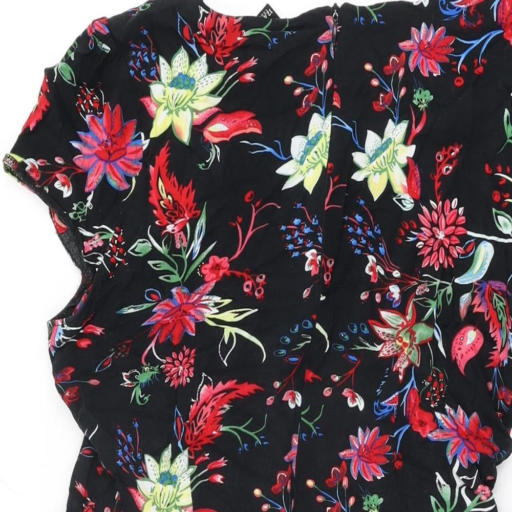 Izabel London Womens Black Floral Viscose Skater Dress Size 14 Round Neck Zip