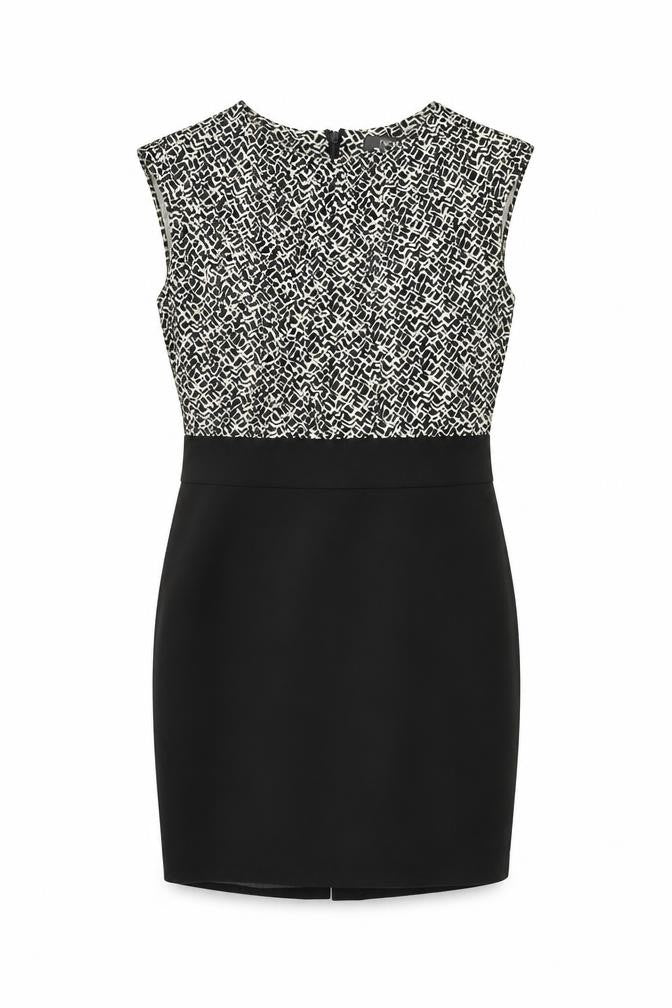Front view of Next women’s black geometric polyester bodycon, size UK 14, round neck zip