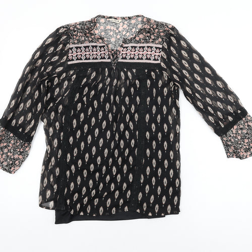 M&Co Womens Black Geometric Polyester Basic Blouse Size 10 Round Neck
