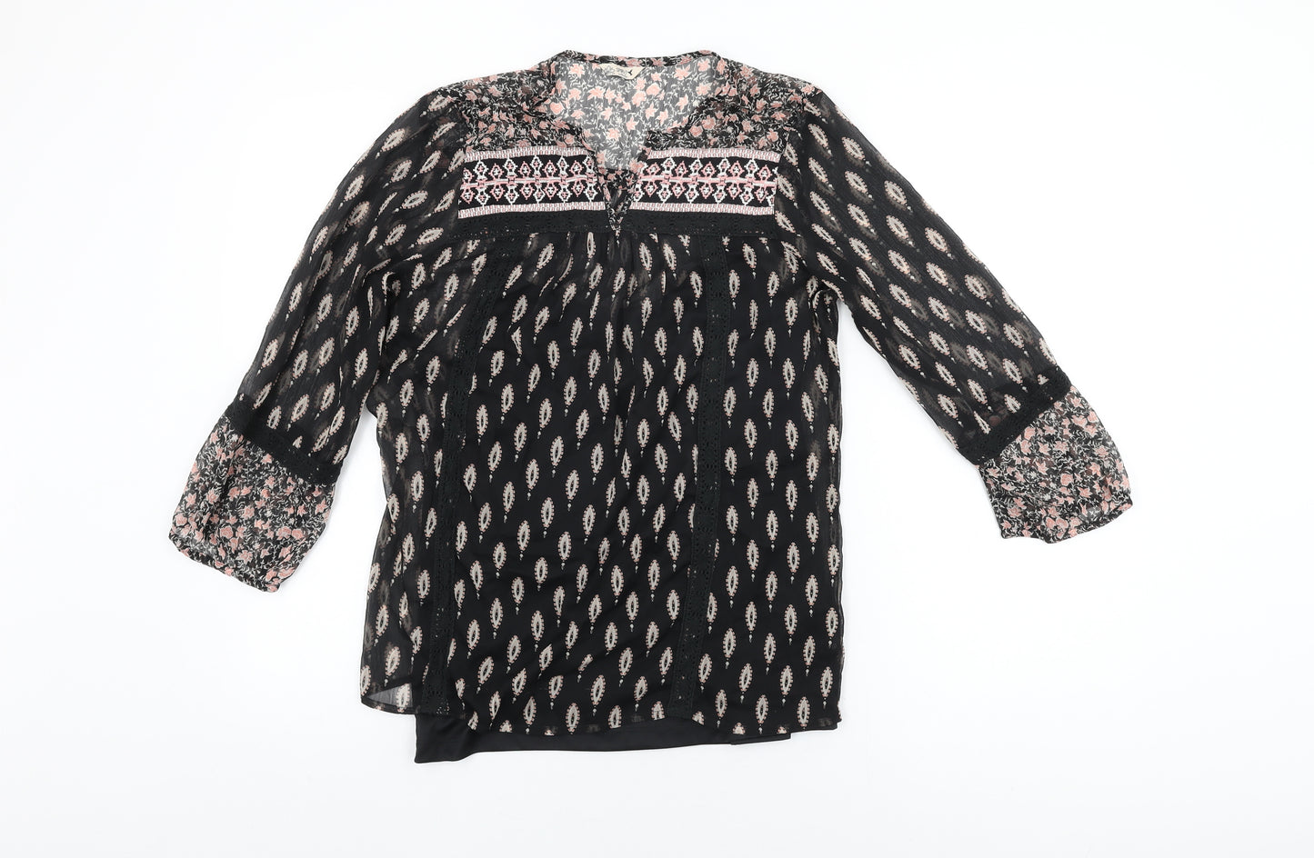 M&Co Womens Black Geometric Polyester Basic Blouse Size 10 Round Neck