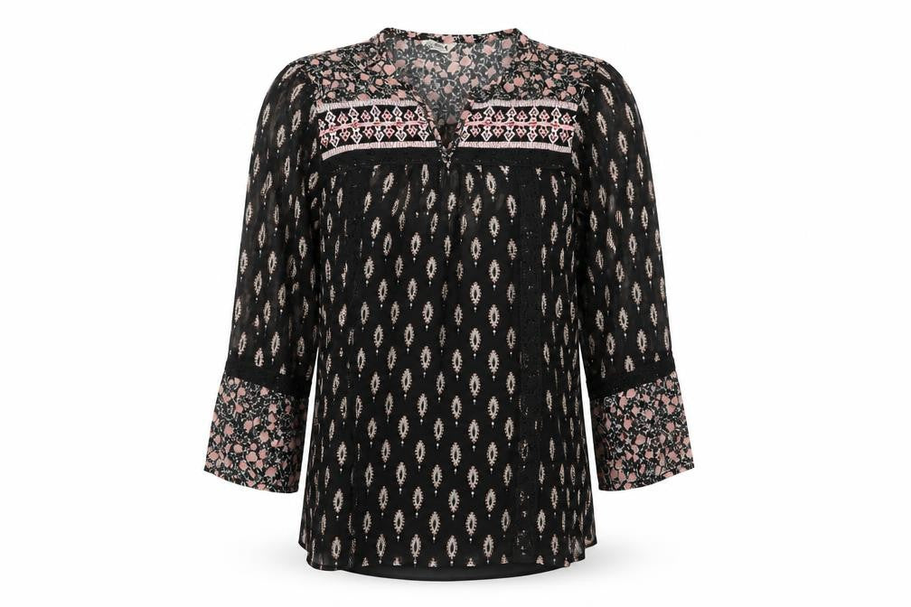 M&Co Womens Black Geometric Polyester Basic Blouse Size 10 Round Neck
