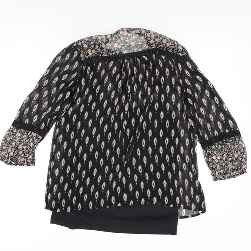 M&Co Womens Black Geometric Polyester Basic Blouse Size 10 Round Neck