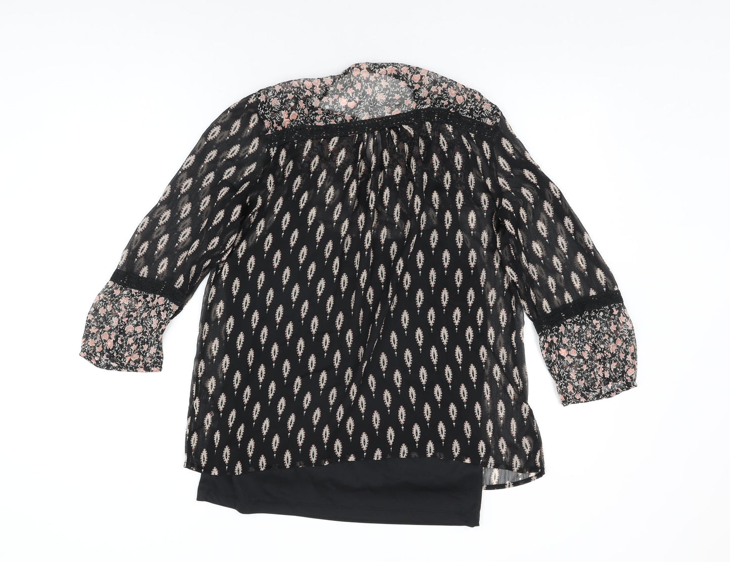 M&Co Womens Black Geometric Polyester Basic Blouse Size 10 Round Neck