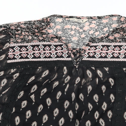 M&Co Womens Black Geometric Polyester Basic Blouse Size 10 Round Neck
