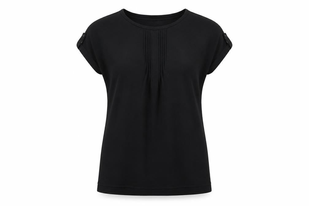 Front view of Next women’s black polyester basic t-shirt, size UK 12, round neck
